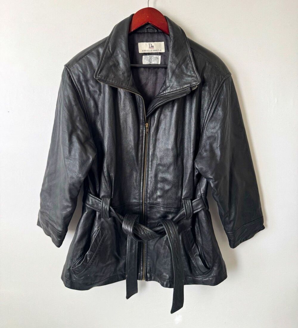 Vintage Danielle Martin Leather Jacket Womens XL Black Belted 90s Genuine